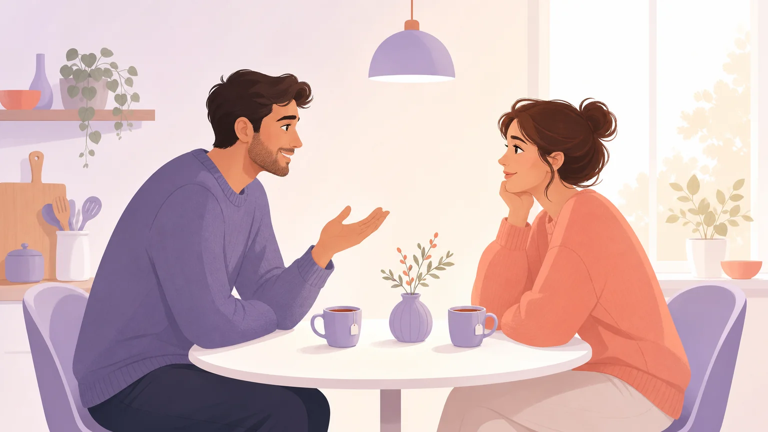 Illustration of a couple sharing the first honest conversation about femdom over tea