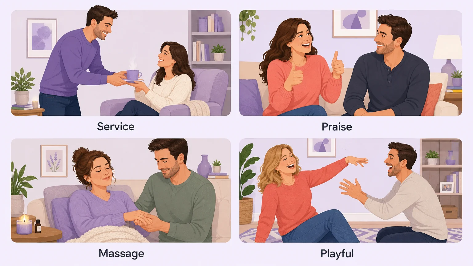 Illustration of four gear-free first scene ideas for a couple: service, praise, massage, and playful pacing