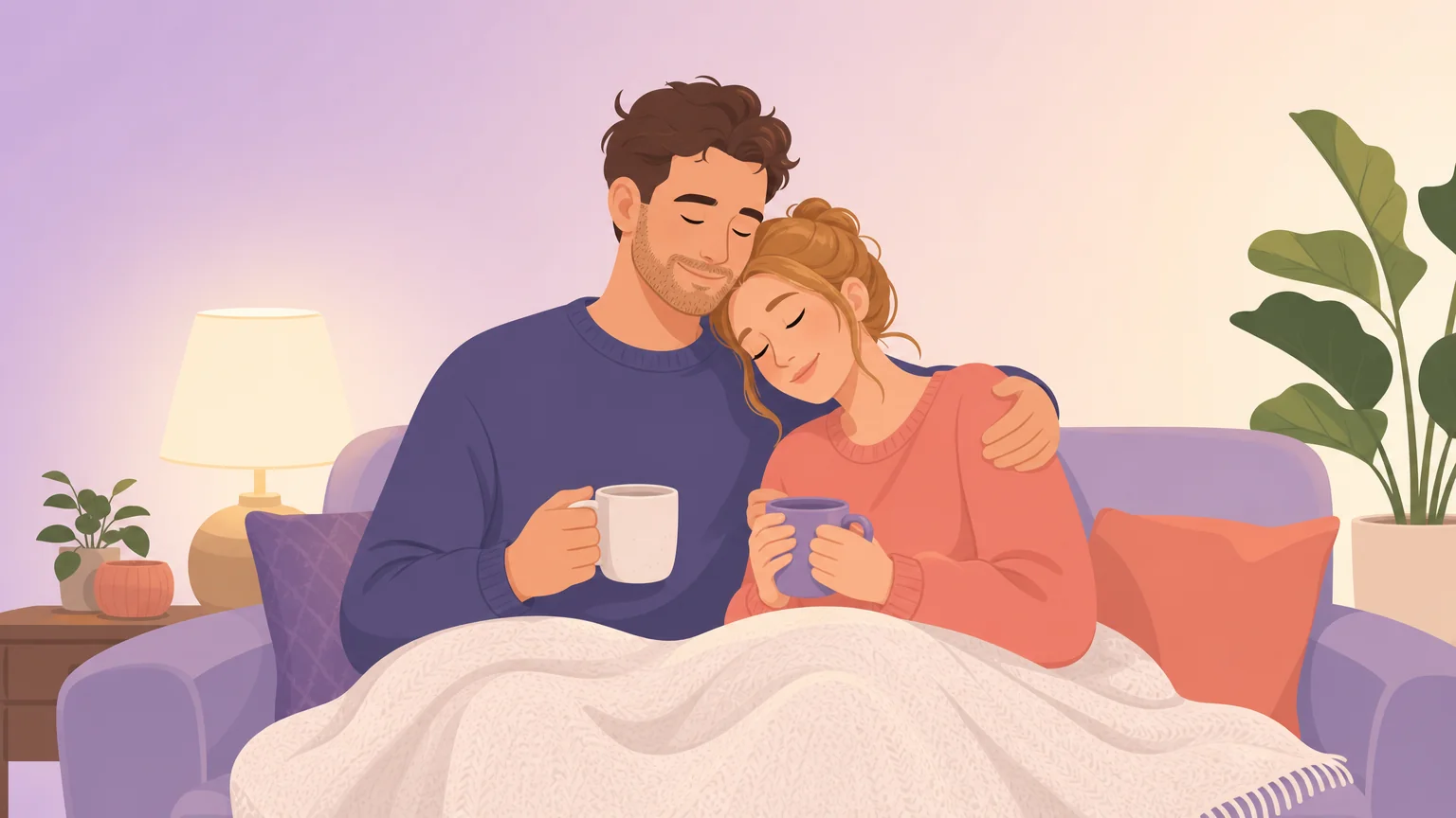 Illustration of partners sharing aftercare together on a couch, wrapped in a blanket with warm drinks