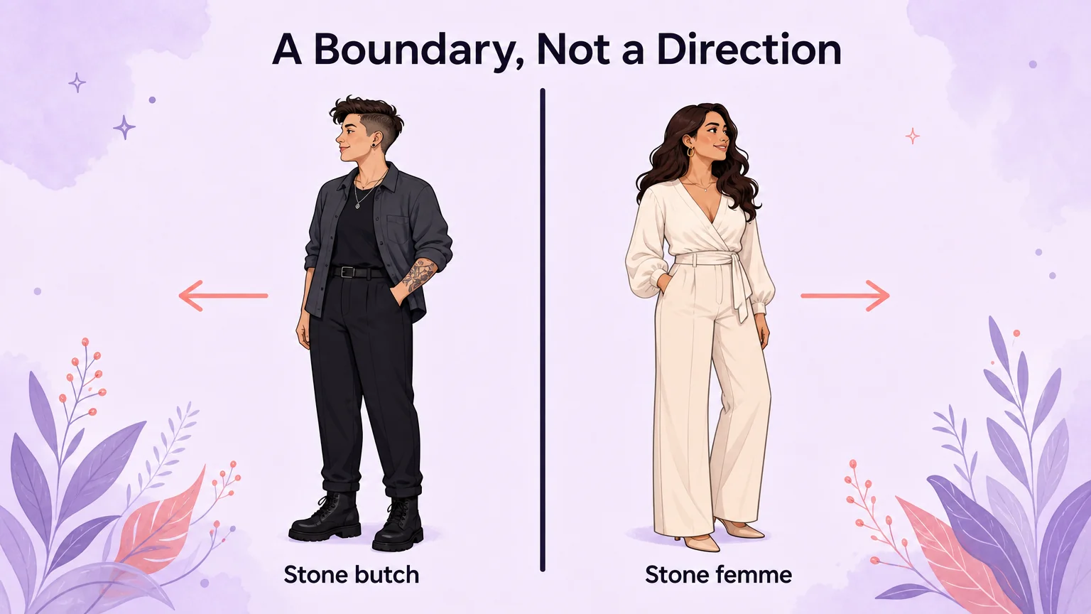 Diagram showing stone as a boundary around touch rather than a direction of giving, with stone butch and stone femme on either side