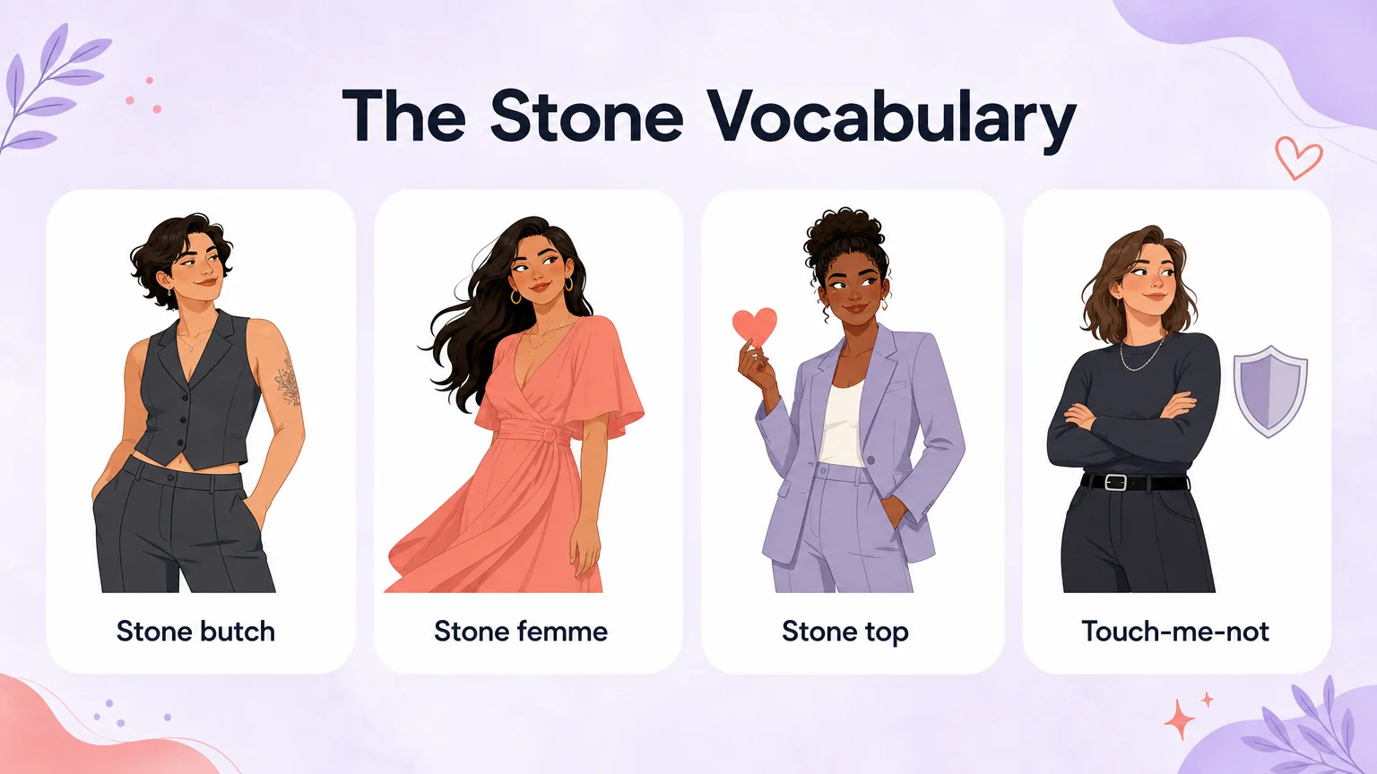 Four cards showing the stone vocabulary: stone butch, stone femme, stone top and touch-me-not
