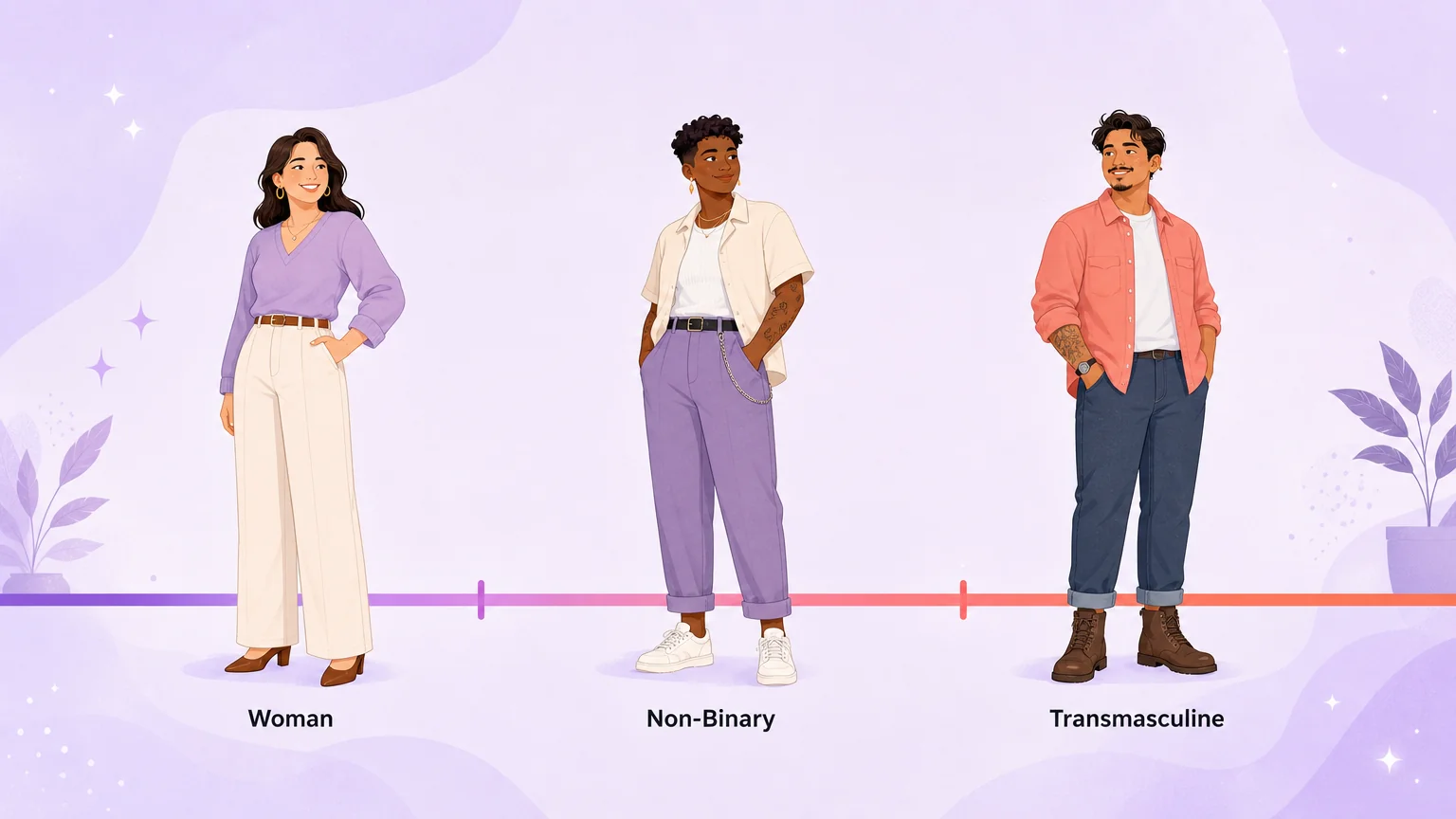 Gender spectrum illustration with woman, non-binary, and transmasculine