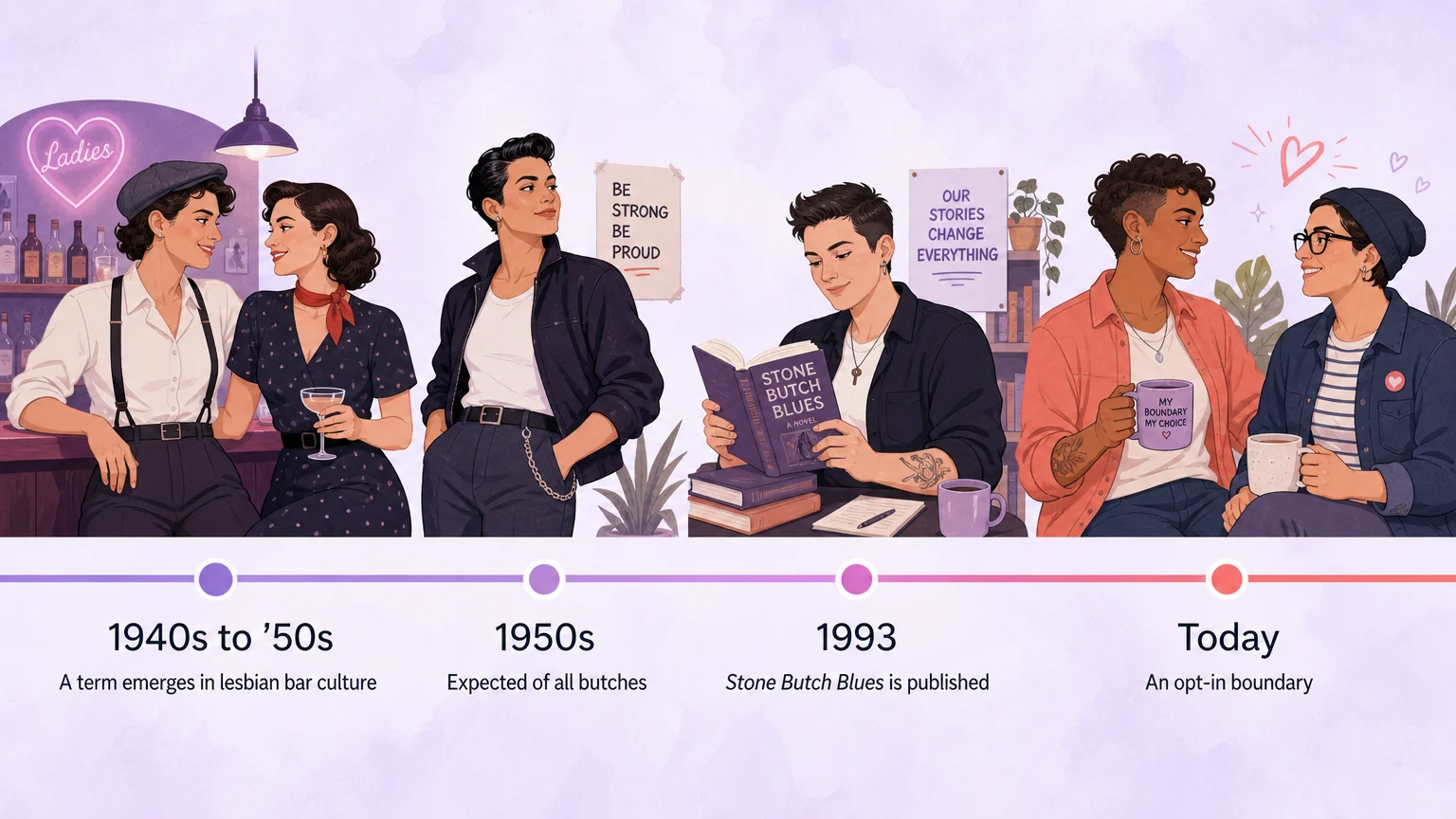 Timeline of how the word stone changed meaning from 1940s lesbian bar culture to an opt-in boundary today