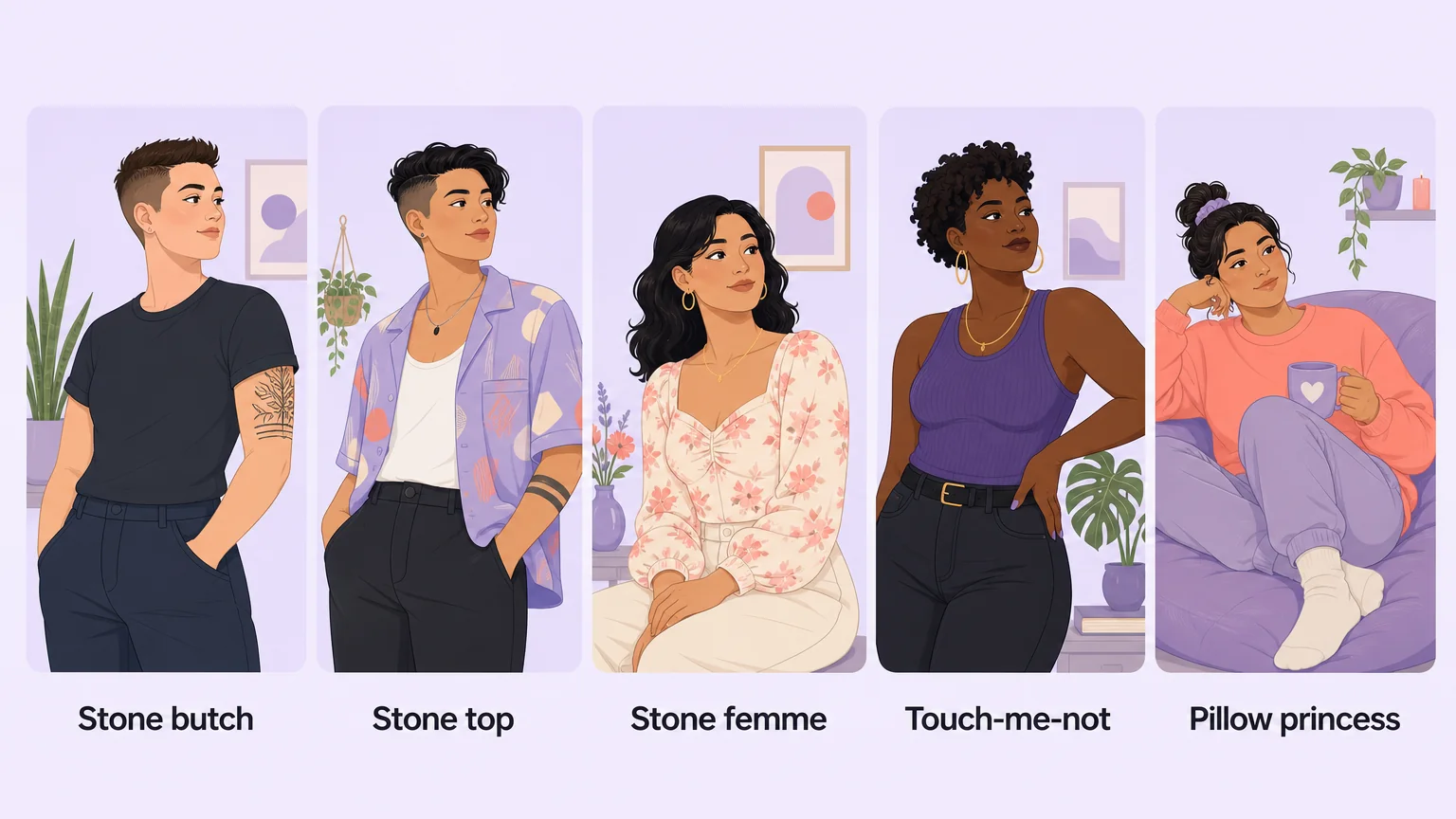 Five panels illustrating stone butch, stone top, stone femme, touch-me-not and pillow princess