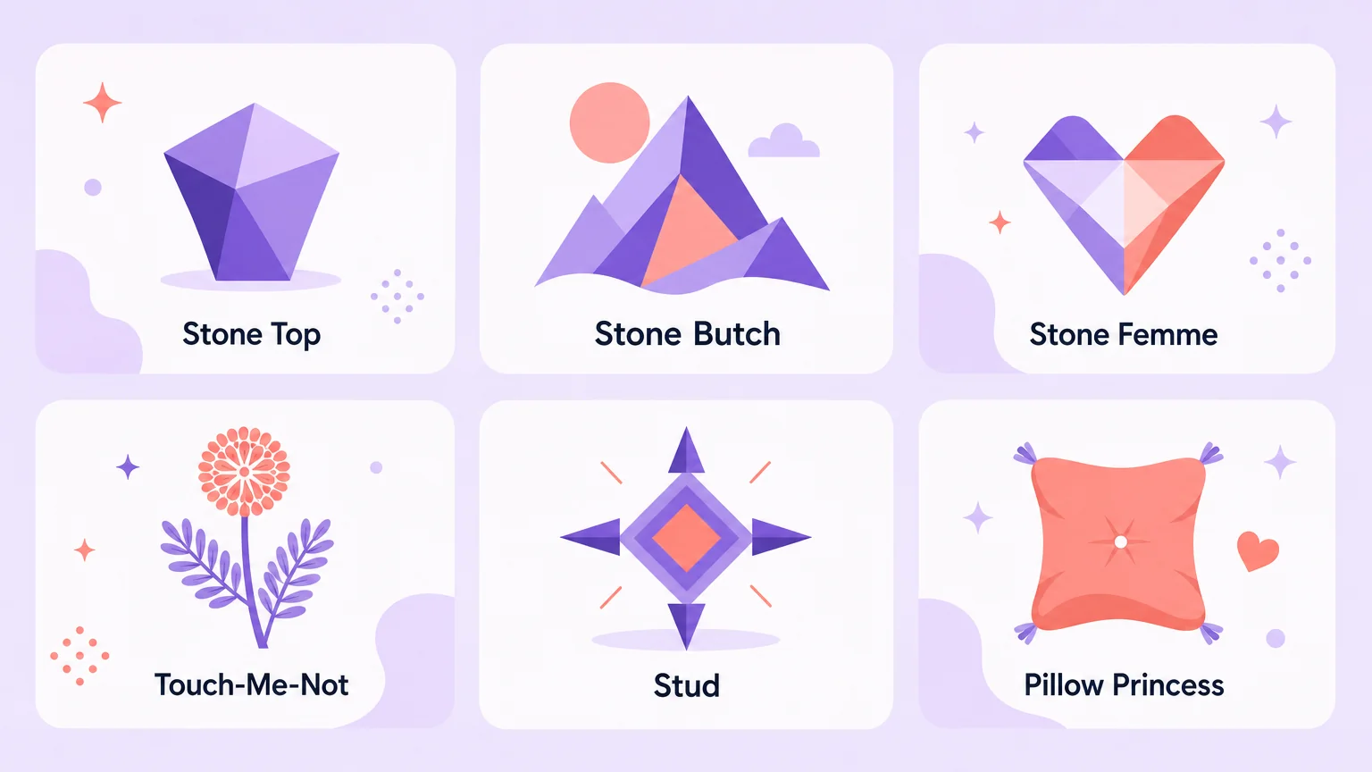 Comparison grid of six terms: stone top, stone butch, stone femme, touch-me-not, stud, and pillow princess