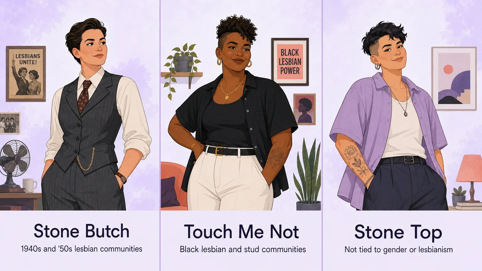 Comparison of three sapphic identity terms: stone butch, touch me not and stone top, each with its own origin