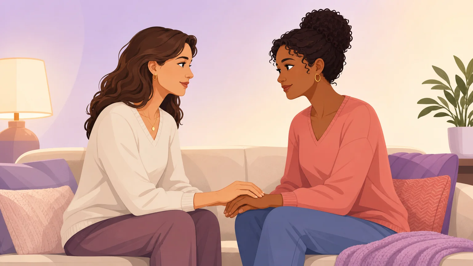 Two women sitting on a sofa, one listening with acceptance as the other speaks