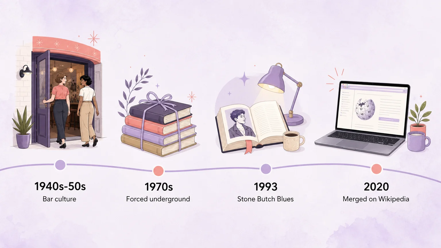 Timeline of stone femme history from 1940s bar culture through Stone Butch Blues to the 2020 Wikipedia merge