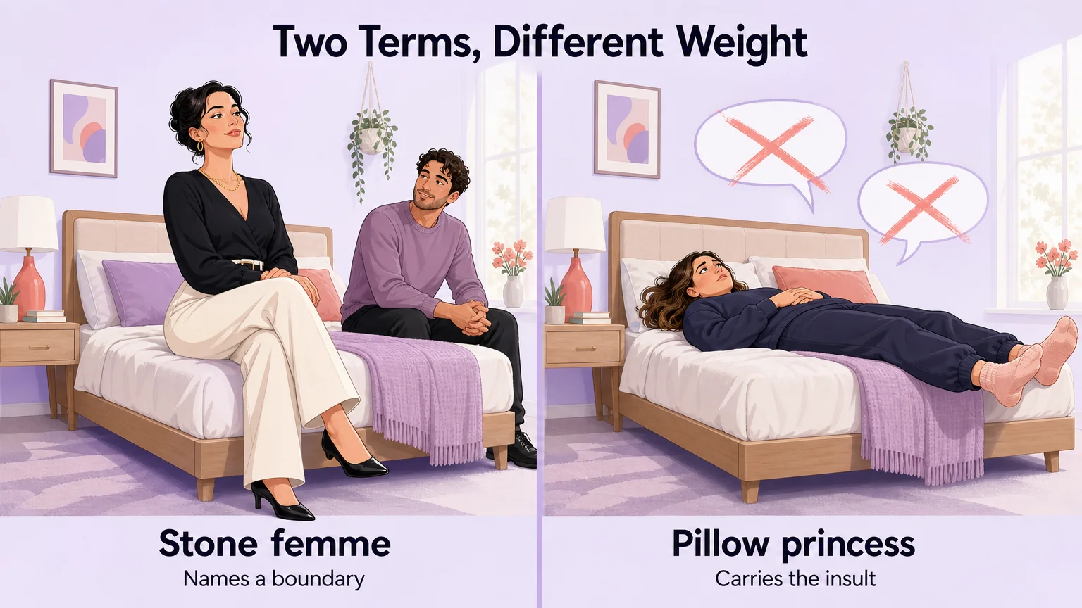 Comparison of stone femme, which names a boundary, and pillow princess, which carries a heavier insult