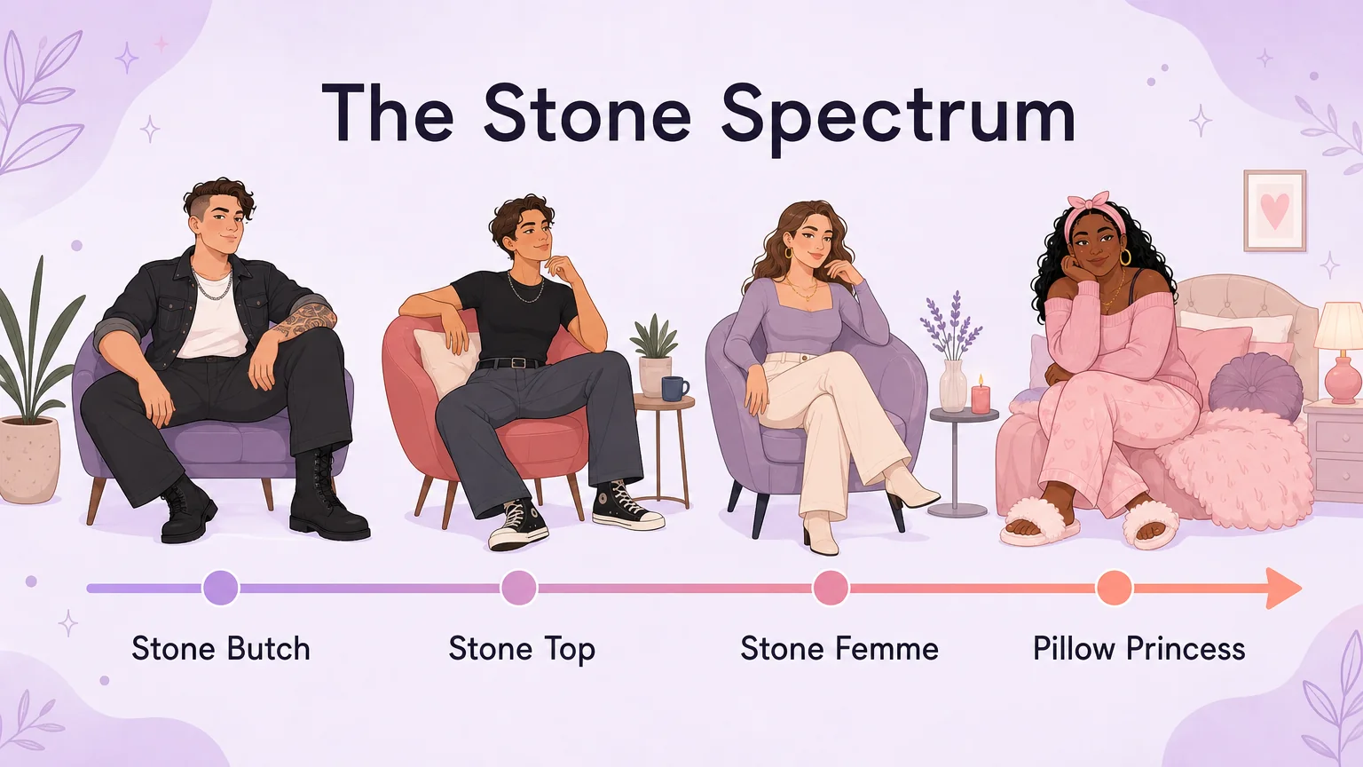 The stone spectrum shown as a continuum from stone butch and stone top through stone femme to pillow princess