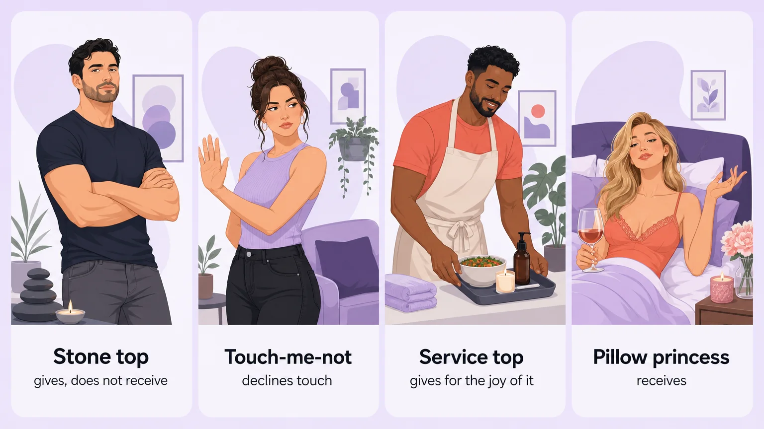 Stone top, touch-me-not, service top and pillow princess compared