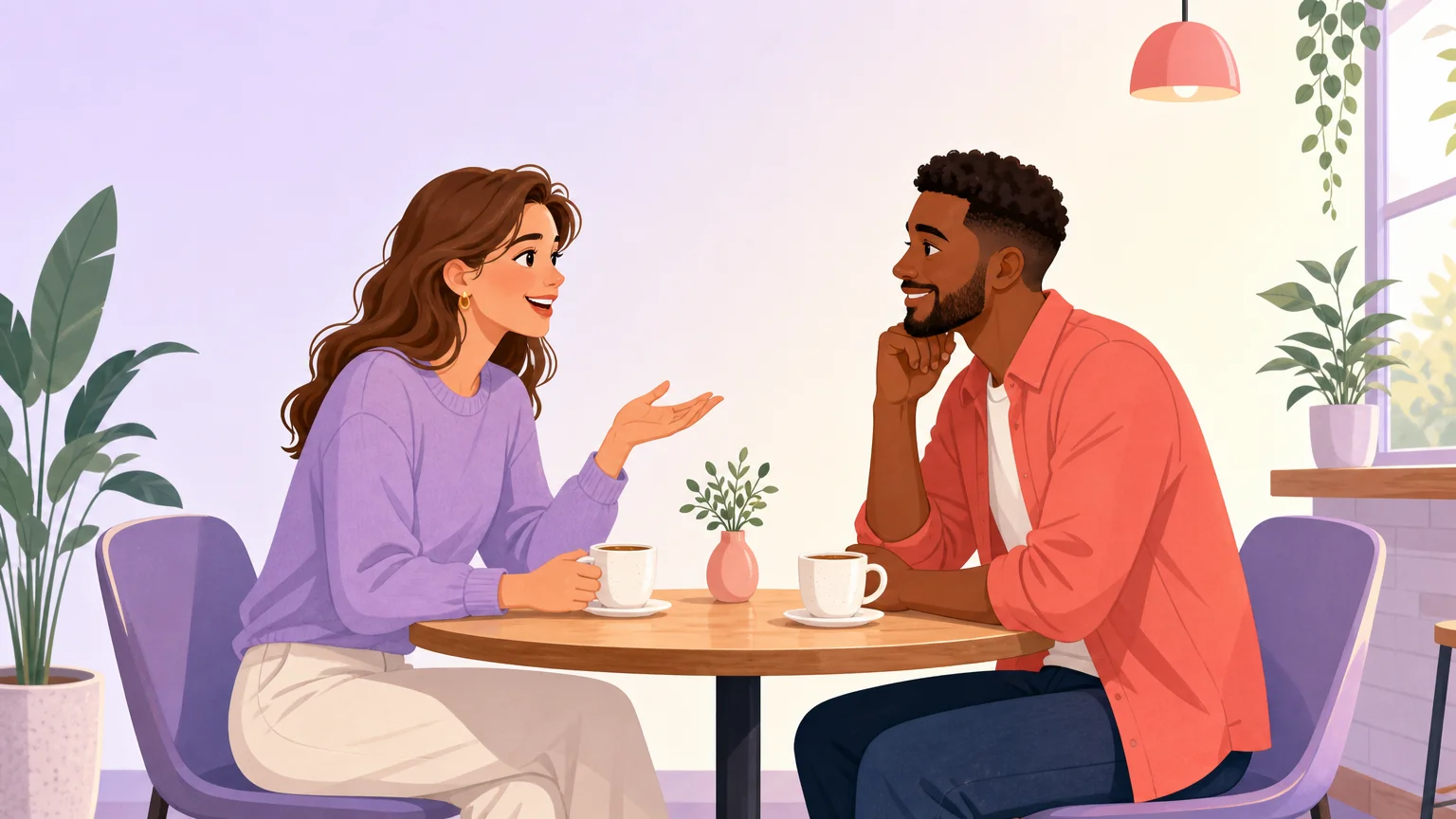 Two people sitting across from each other at a cafe table talking warmly over coffee, a new connection