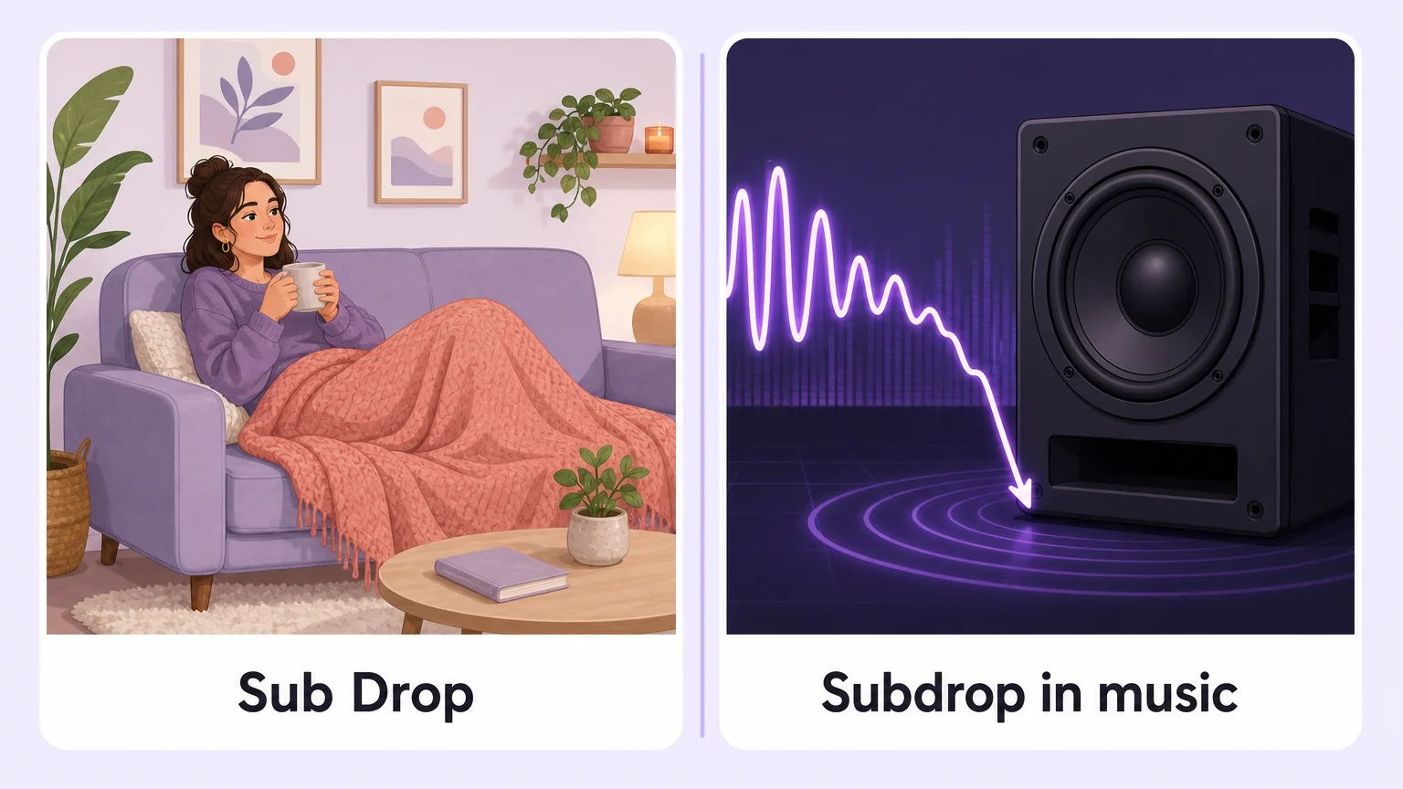 Two panels comparing the two meanings of sub drop: a person relaxing under a blanket on a sofa, and a subwoofer with a falling sound wave