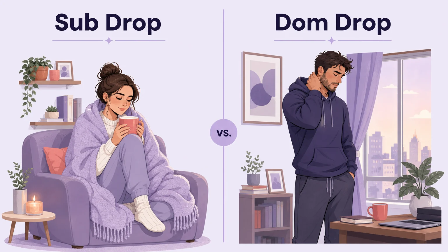 Side by side comparison of sub drop and dom drop, showing a woman wrapped in a blanket with a mug and a man standing by a window looking tired