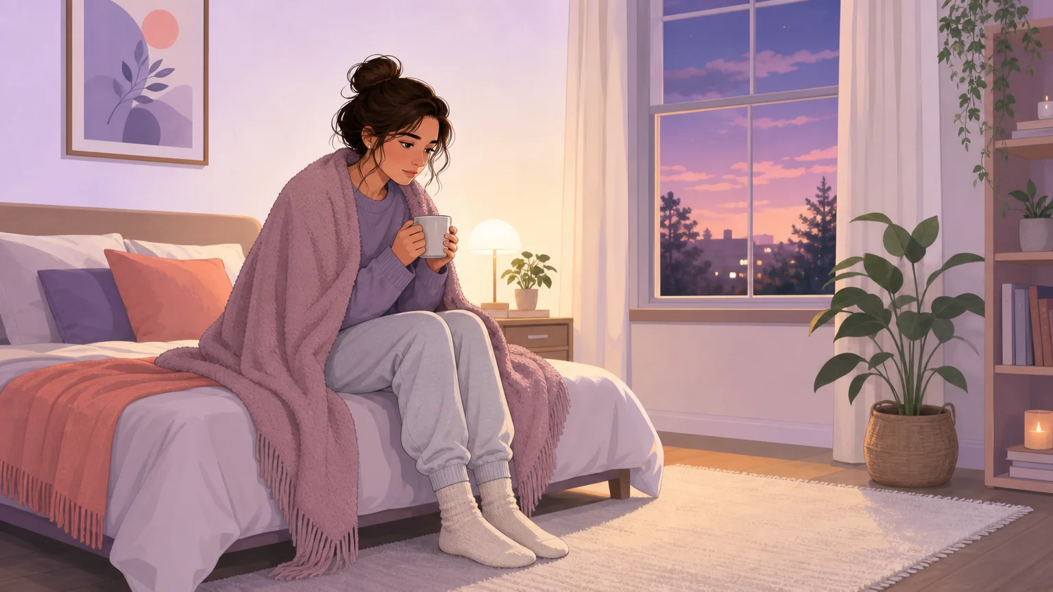 A woman sitting alone on the edge of a bed wrapped in a blanket holding a mug, looking down thoughtfully in the evening
