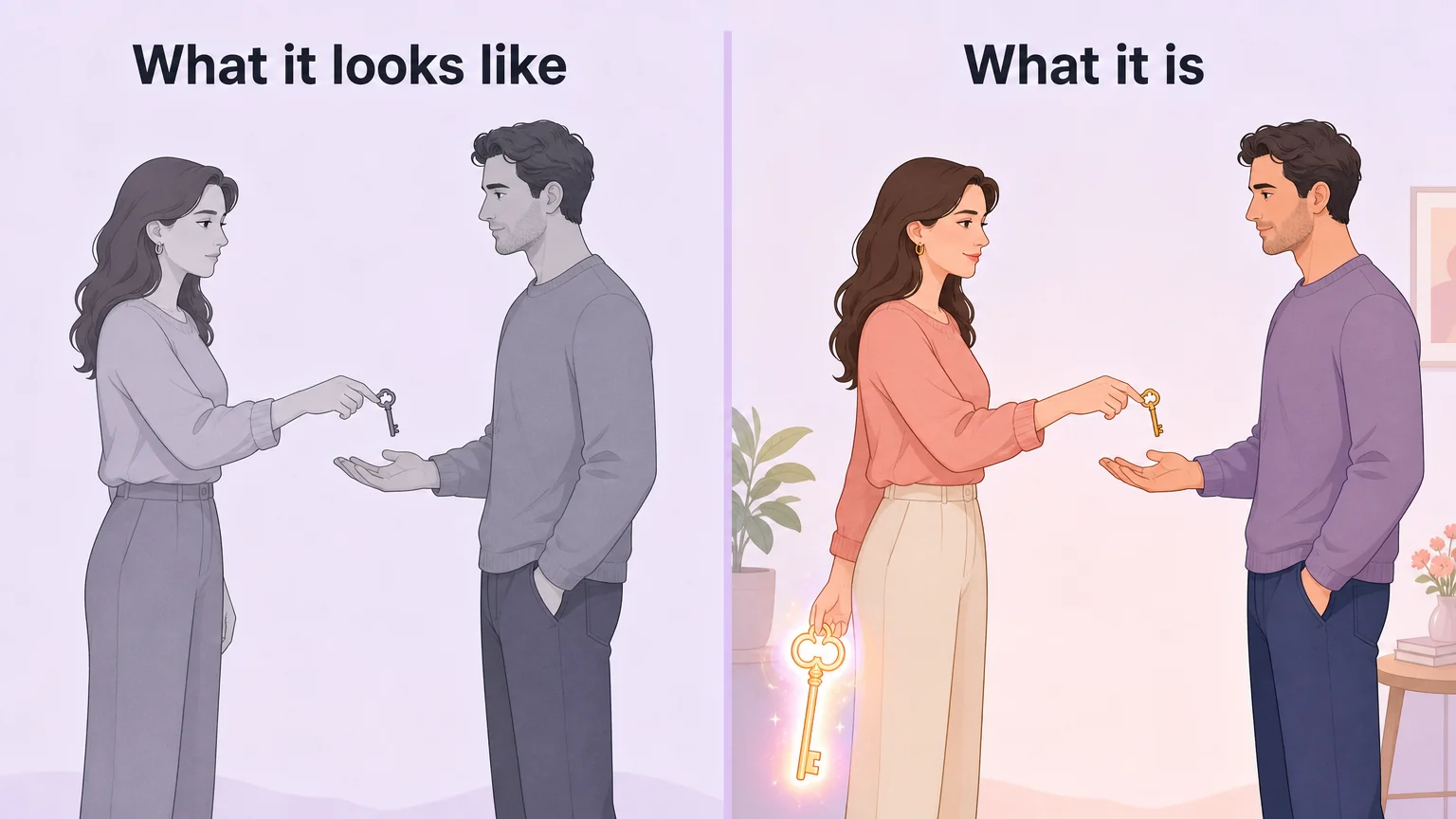 Two-panel comparison of handing over a key looking colourless, versus the same scene in colour with a second glowing key held back