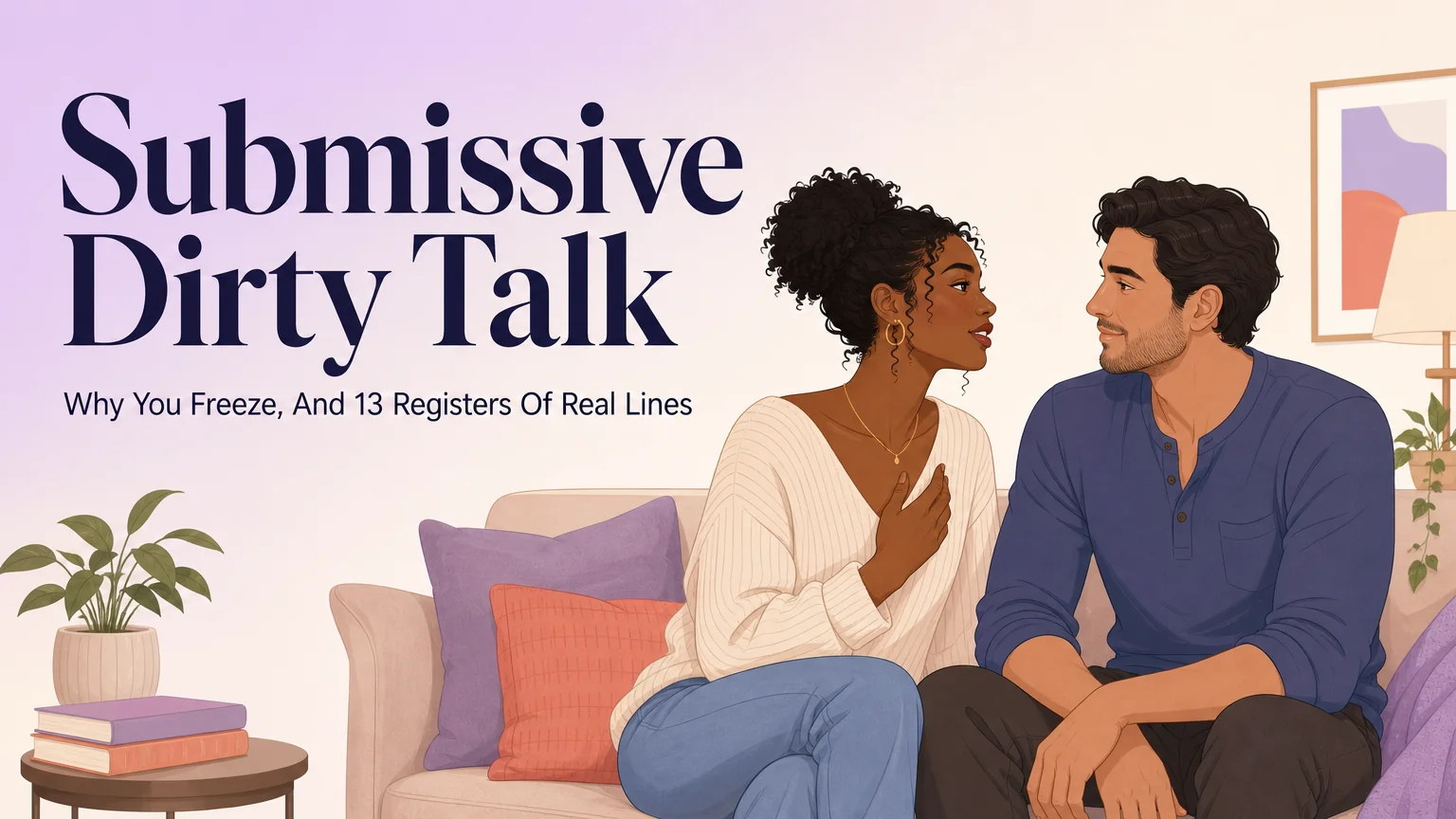 Two adults talking warmly on a sofa, illustrating submissive dirty talk