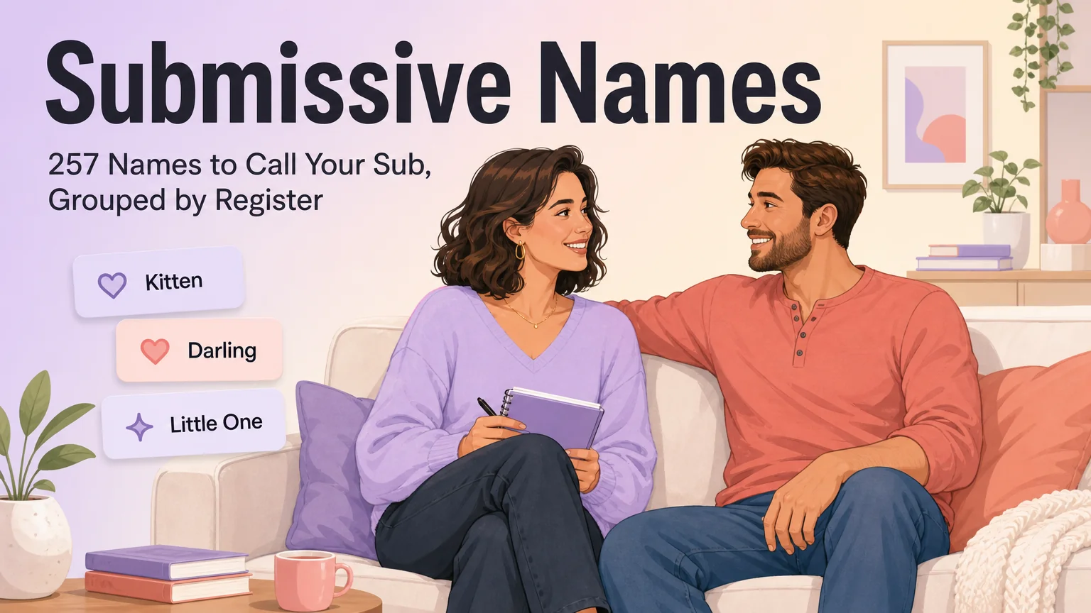 Cover illustration for Submissive Names, two adults on a sofa with name cards floating beside them