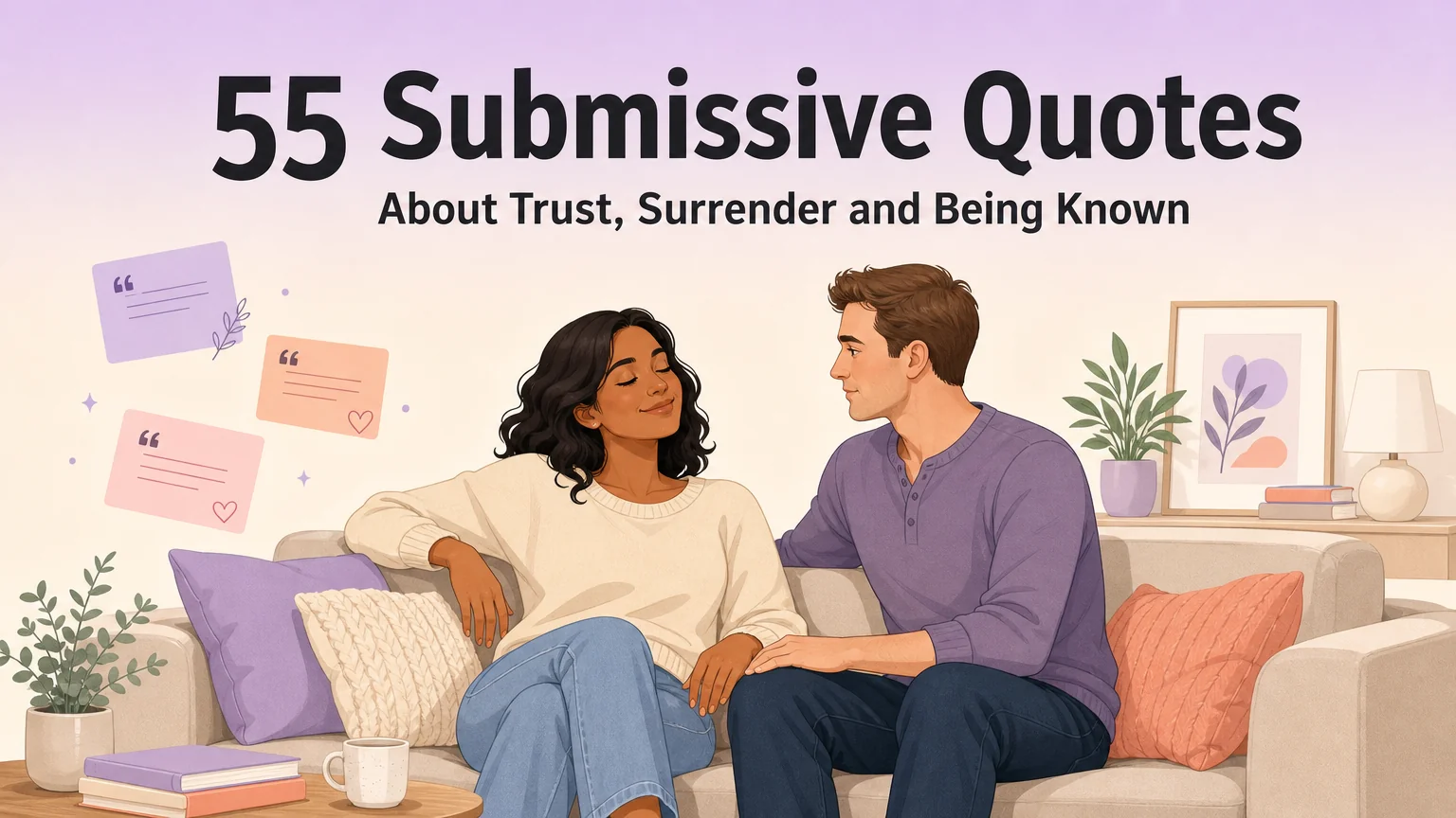 Two adults sitting close together on a sofa, relaxed and talking, with quote cards floating nearby