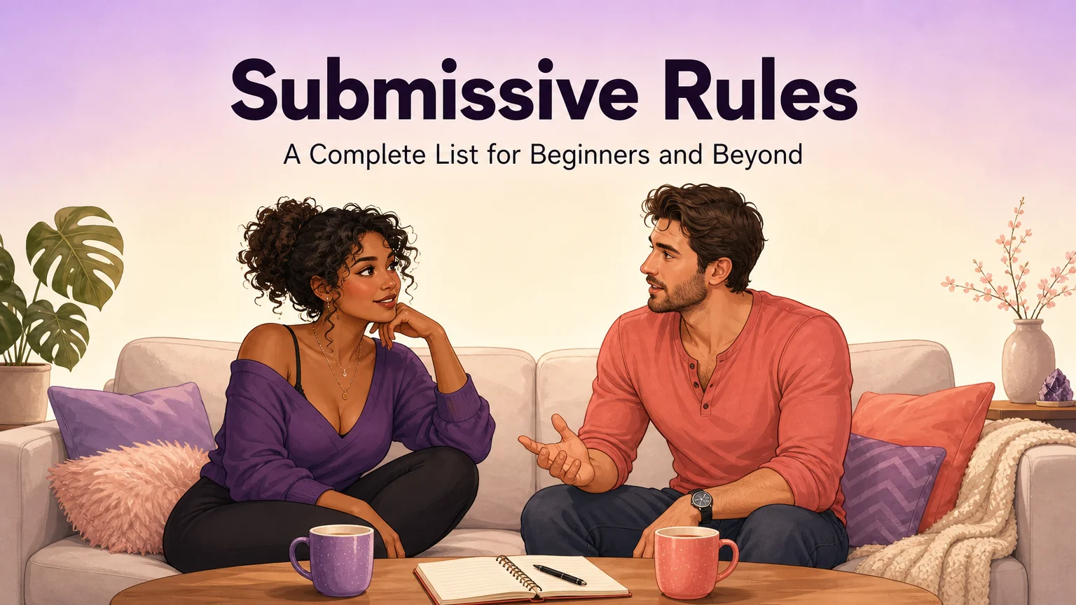 Illustration of two adults talking on a sofa for a guide to submissive rules in D/s relationships