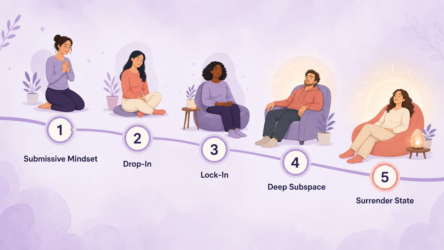 Diagram of the five stages of subspace, from submissive mindset to surrender state