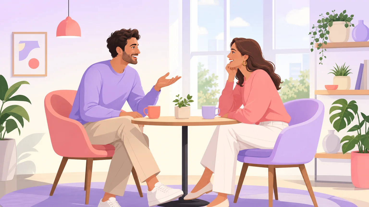 Two adults talking across a table in a bright room