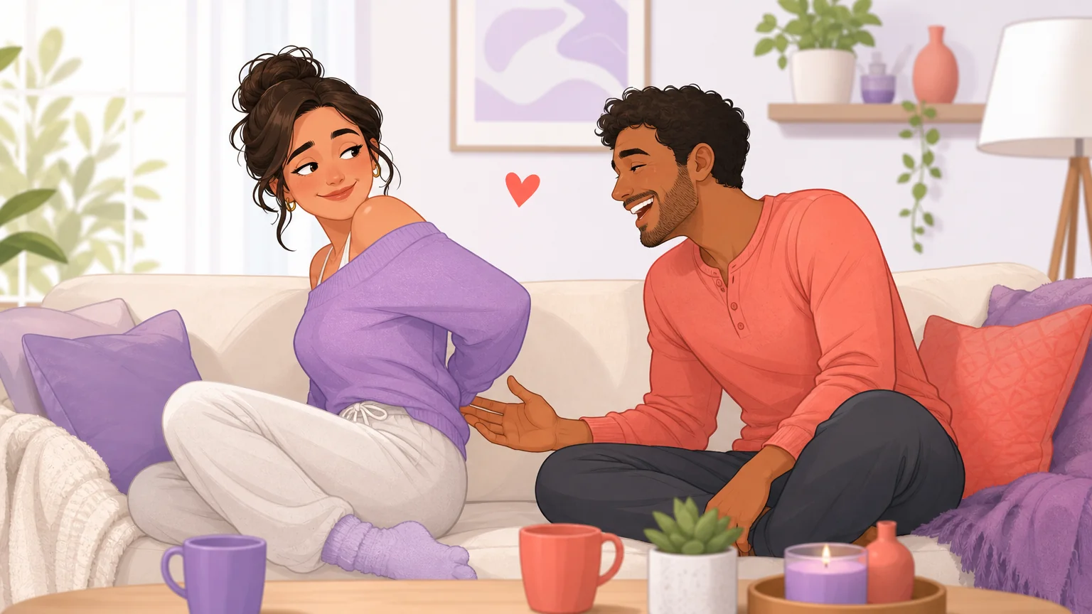 Playful anticipation illustration: a woman playfully keeps her hand out of reach while her partner leans in laughing and reaching for it