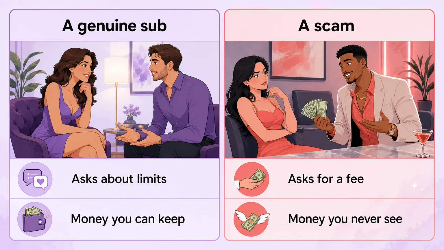 Decision grid for telling a genuine findom sub from a scam
