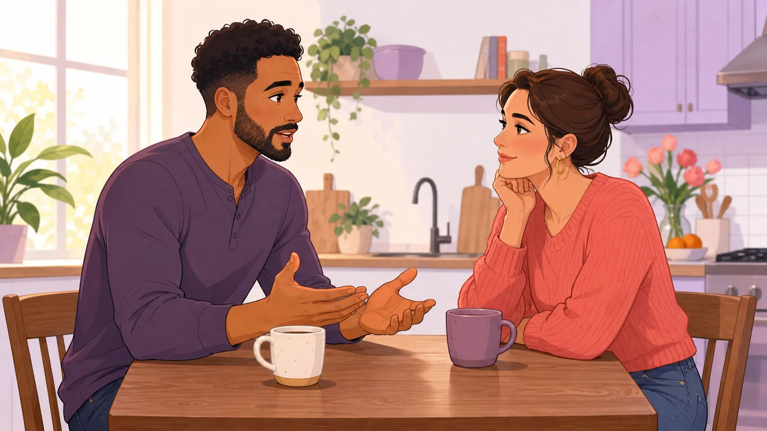 Two people talking honestly across a kitchen table about what they want