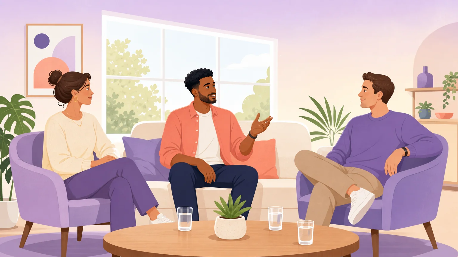 Three adults talking easily in a bright living room, already clear on what everyone wants