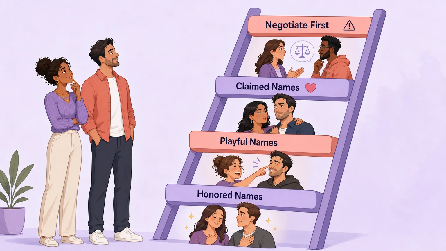 Four-rung ladder of pet names and titles rising left to right, labeled honored names, playful names, claimed names, and negotiate first