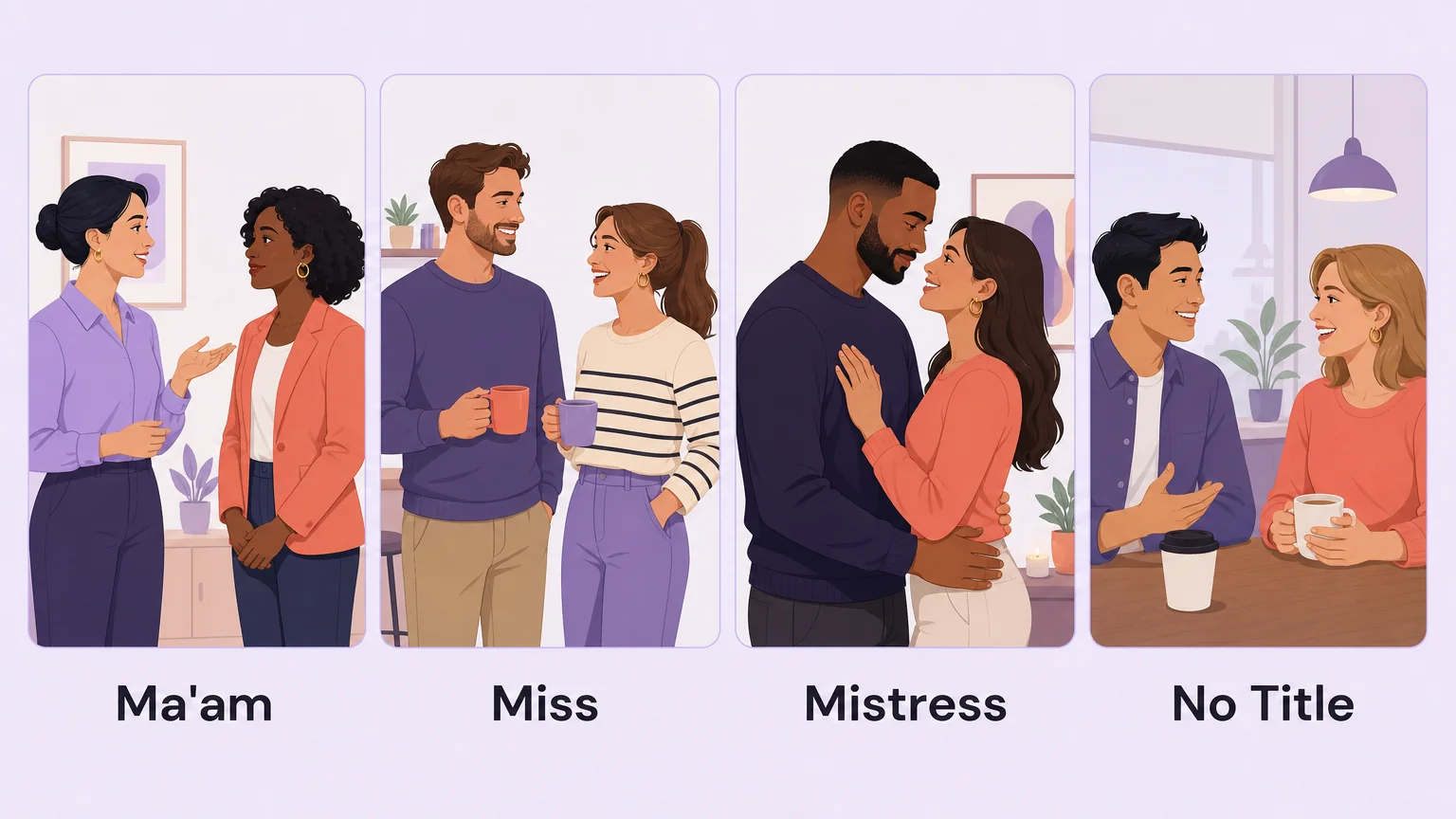 Four panels comparing the honorifics Ma'am, Miss, Mistress and No Title