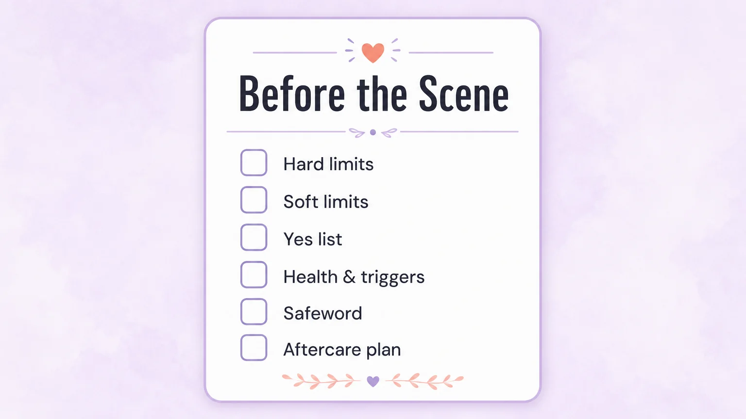 Checklist card: before the scene, with hard limits, soft limits, yes list, health and triggers, safeword, and aftercare plan