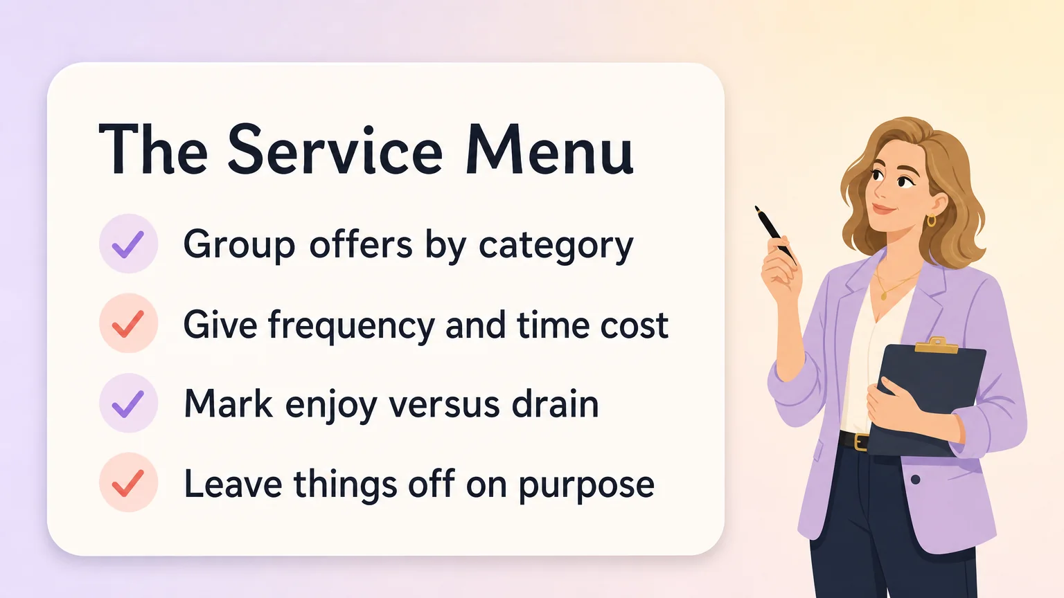 Saveable card listing four steps for building a service menu