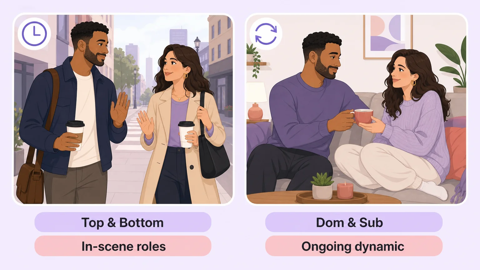 Comparison of top and bottom as in-scene roles versus dom and sub as an ongoing dynamic