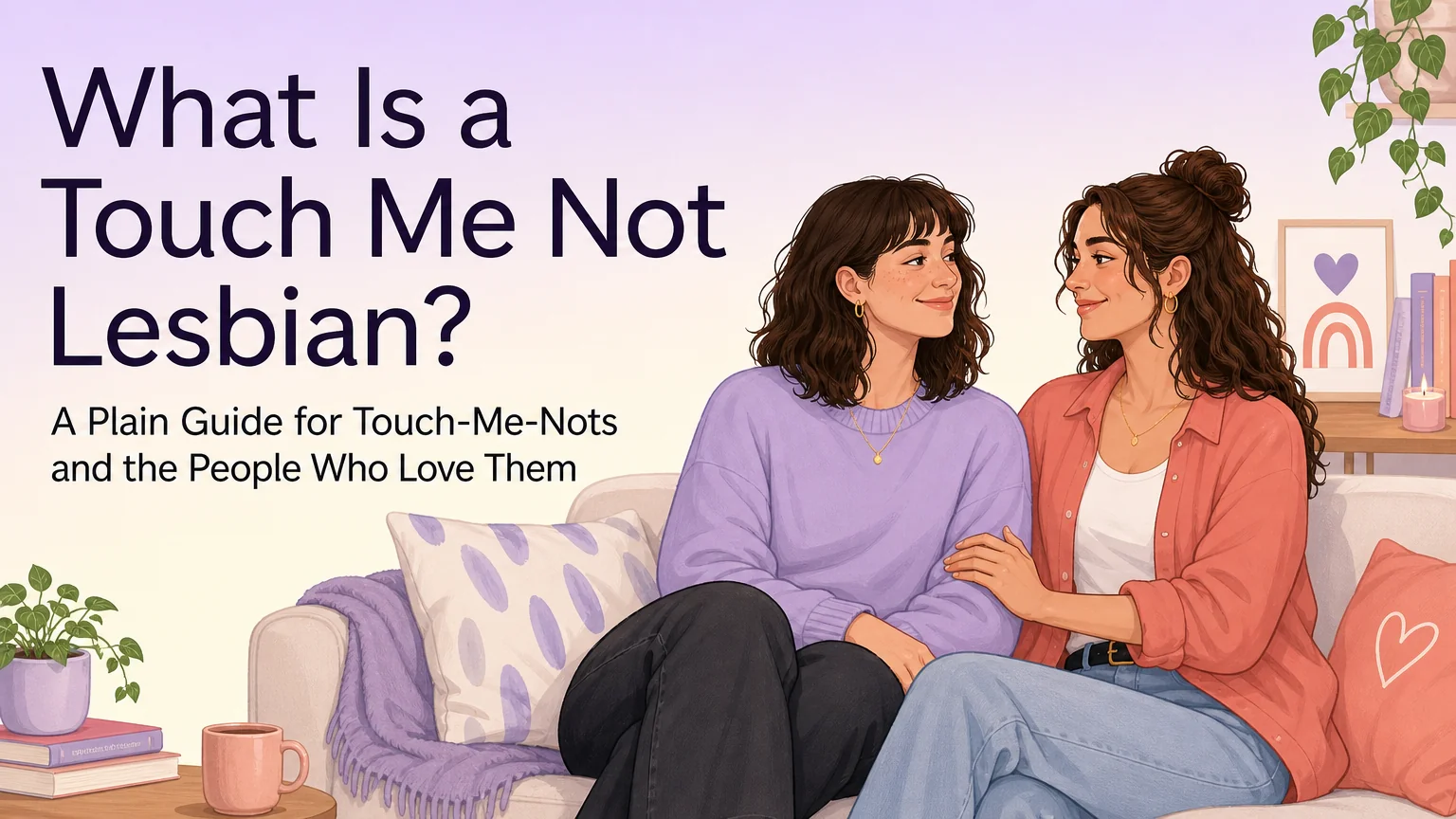 Cover illustration for a guide to the touch me not lesbian identity, showing two women sitting together on a sofa