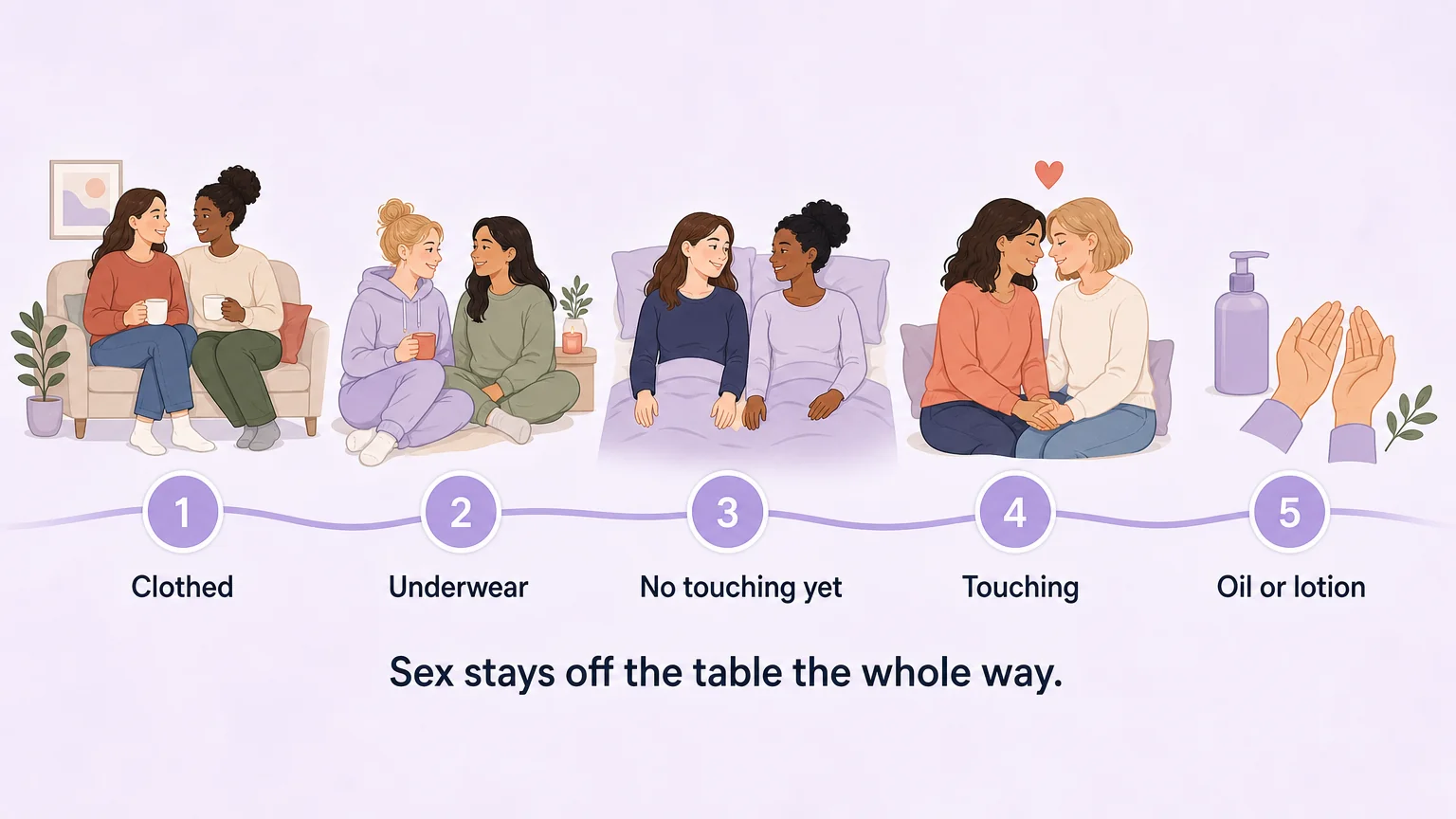 Five-step touch progression from clothed to oil or lotion, with sex off the table