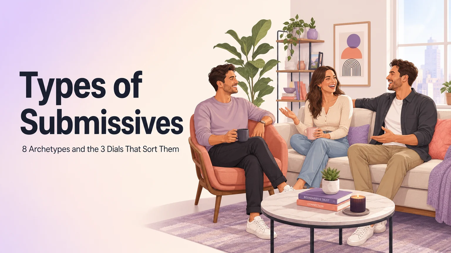 Cover illustration for types of submissives: three adults talking in a bright living room