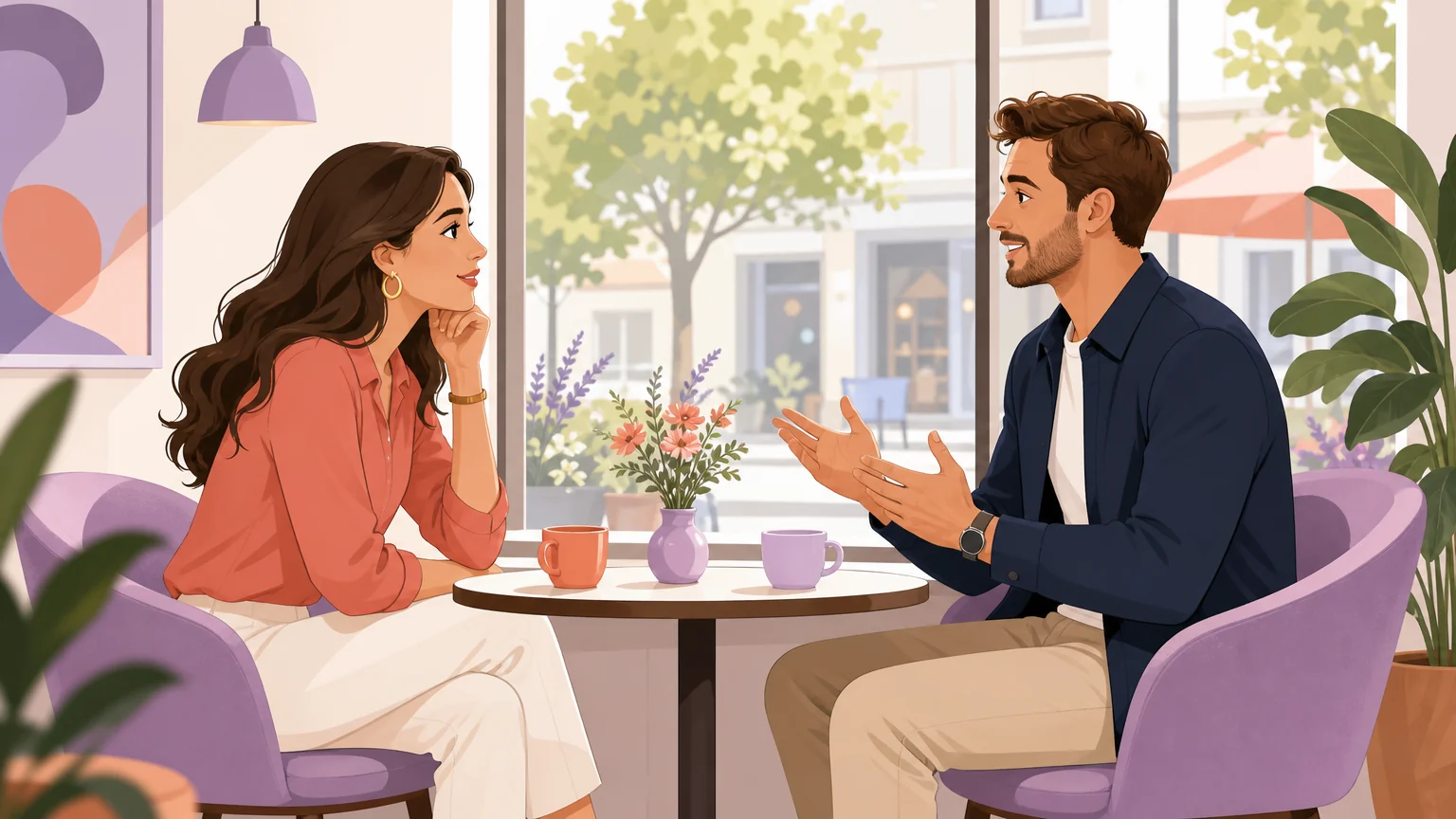Two adults talking across a cafe table in daylight, illustrating vetting a partner