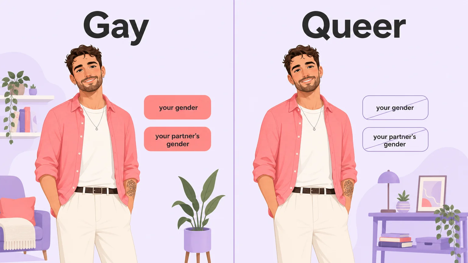Two panels showing that gay reveals your gender and your partner's gender while queer reveals neither