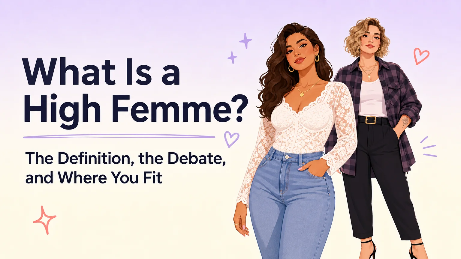 What Is a High Femme? Two women in a bright room, one in a lace top with jeans and one in an open flannel shirt with heels, illustrating high femme style