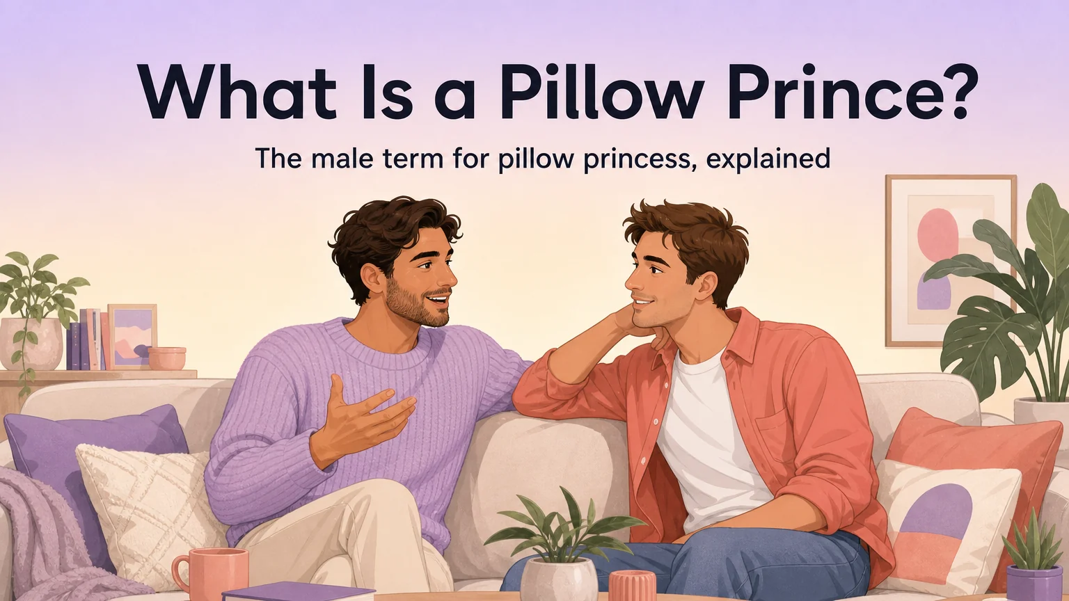 Two men talking comfortably on a couch, illustrating what a pillow prince is