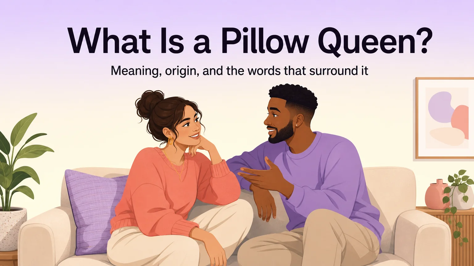 Two adults talking warmly on a sofa, illustrating the article What Is a Pillow Queen