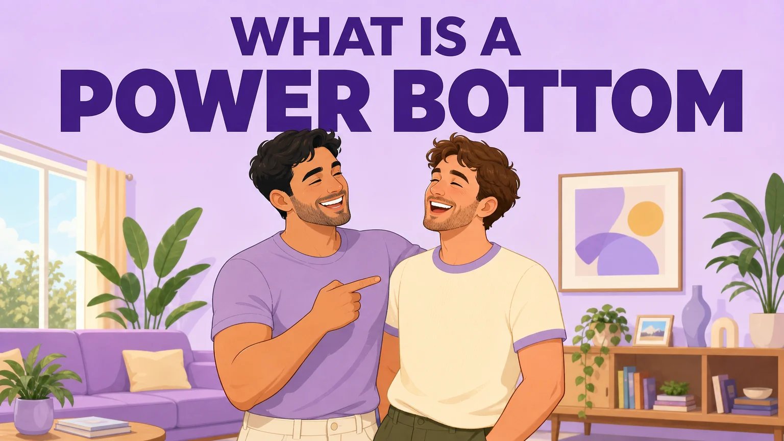 Two adult men laughing together in a bright living room, cover for the article what is a power bottom