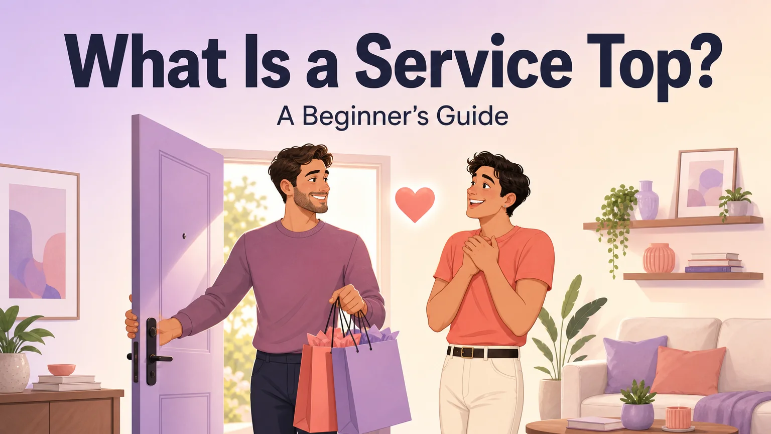 What Is a Service Top cover illustration: one partner holding the door and bags while the other beams with pleasure