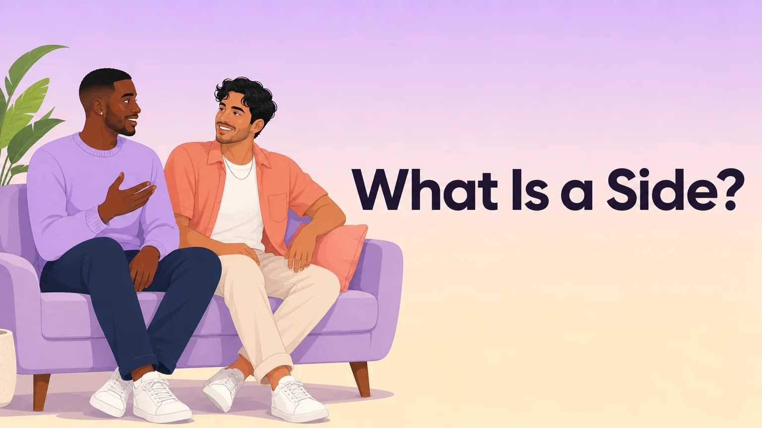 Two men talking on a sofa, cover illustration for What Is a Side?