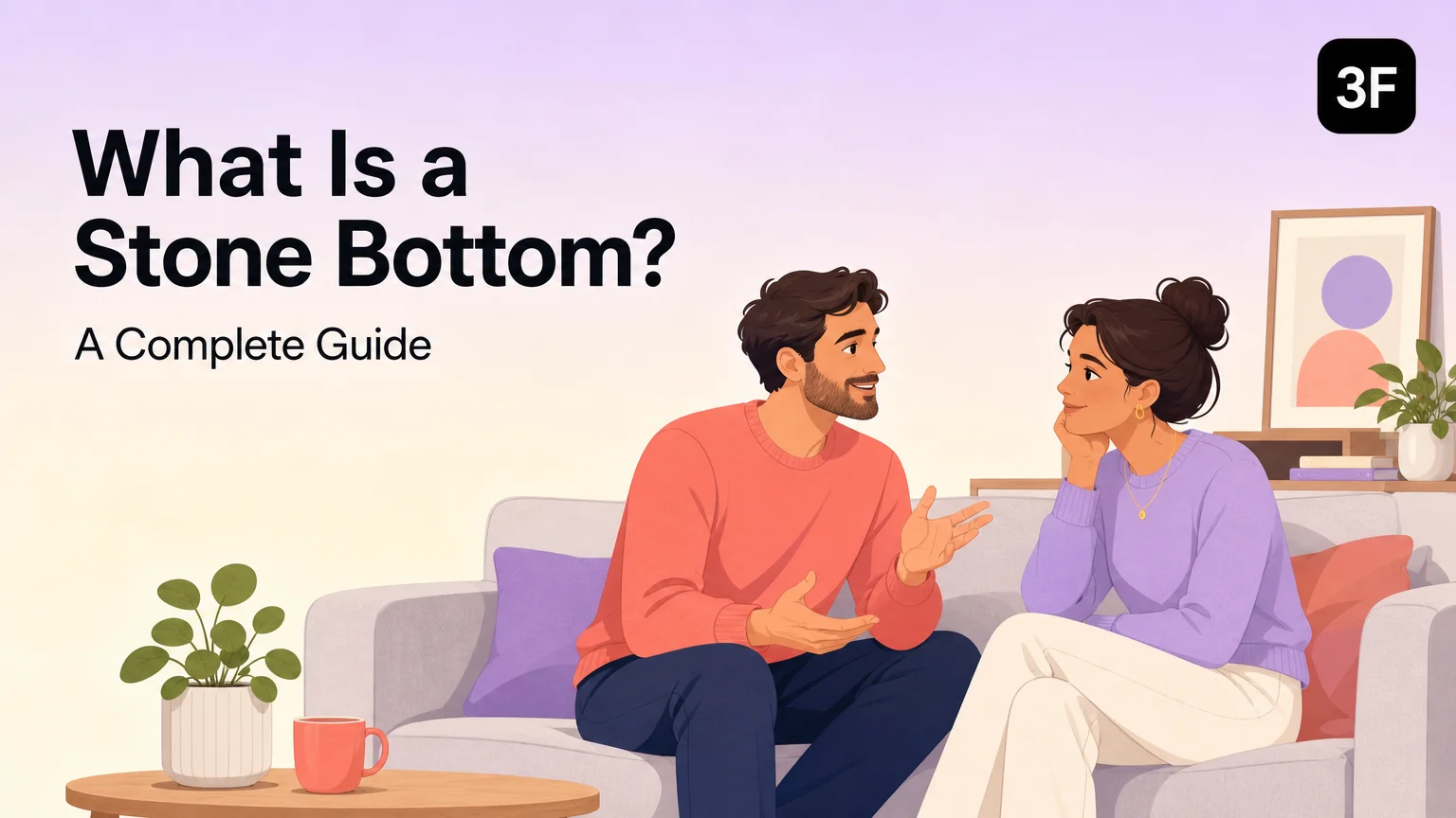 Cover illustration for What Is a Stone Bottom? A Complete Guide, showing two adults talking easily on a sofa