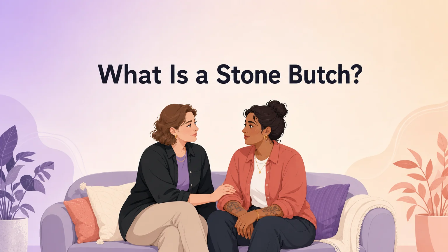 A cover illustration for an article explaining what a stone butch is, showing two women in warm conversation on a sofa