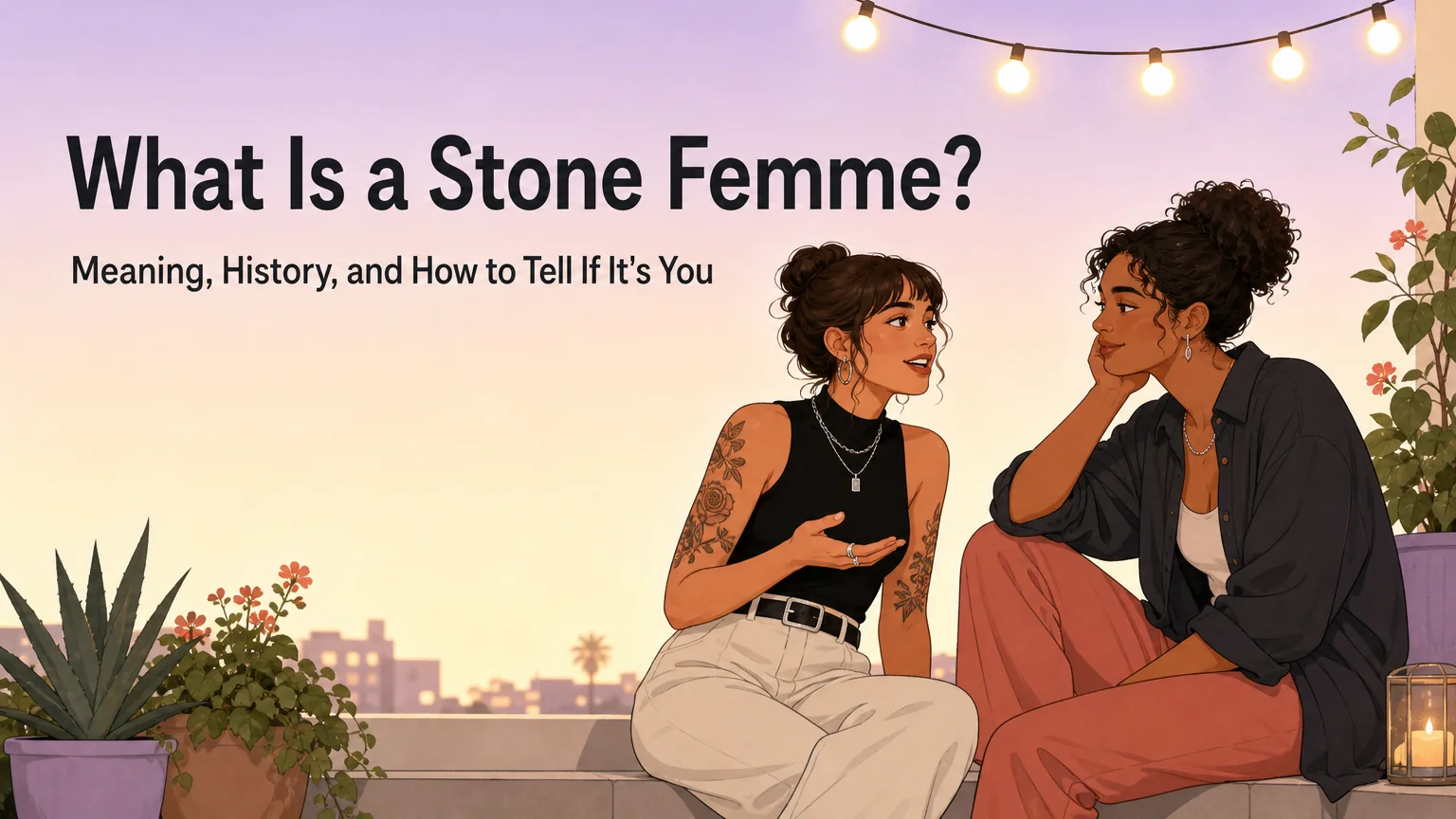 Two women talking openly on a balcony at an evening party, illustrating a guide to stone femme identity