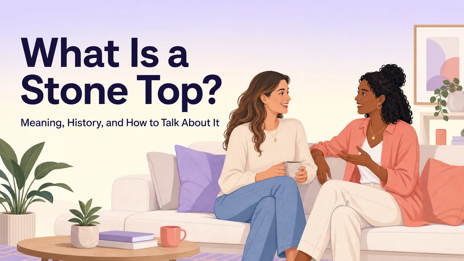 Cover illustration: two women in conversation on a sofa, for the article What Is a Stone Top